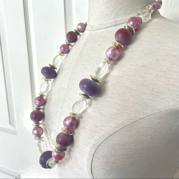 Purple clear and gold tone large beaded statement necklace - Picture 2 of 12